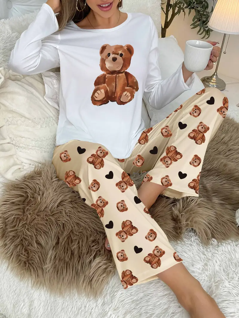Cartoon Bear Print Pajama Set, Long Sleeve Crew Neck Top & Elastic  Waistband Pants, Women's Sleepwear & Loungewear