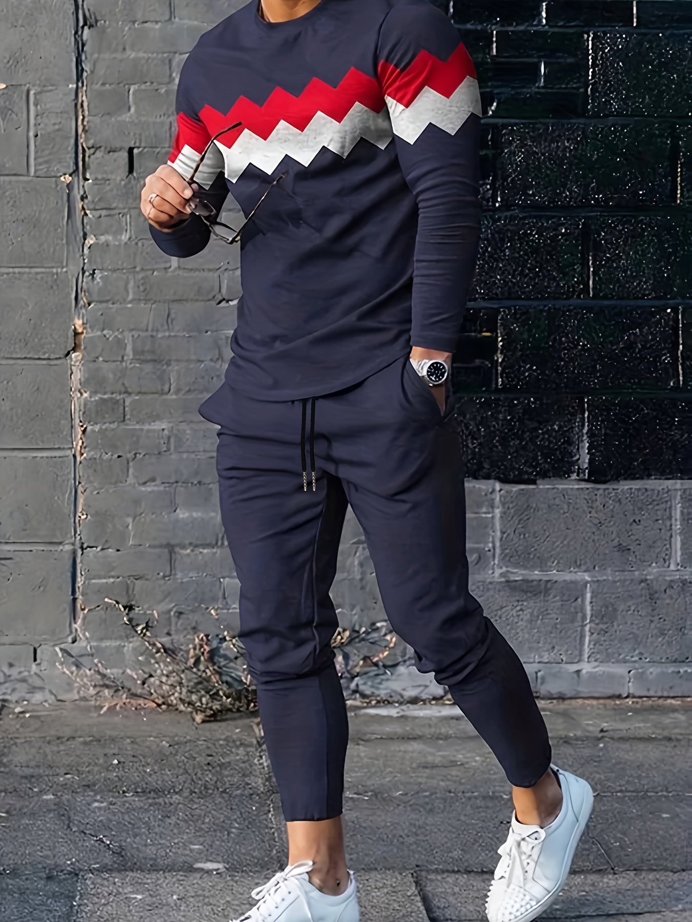 Plus Size Men's Contrast Color Sweatshirt Sweatpants Set - Temu