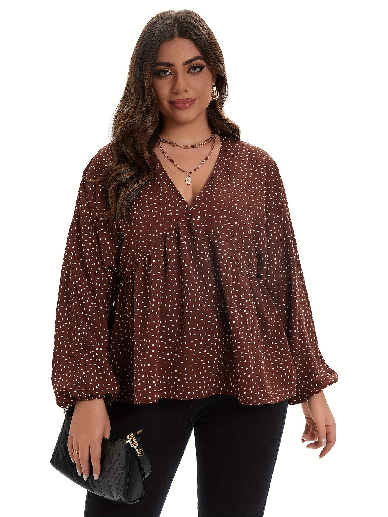 Plus Size Casual Top, Women's Plus Solid * Dot Long Sleeve Surplice Neck  Peplum Top With Belt