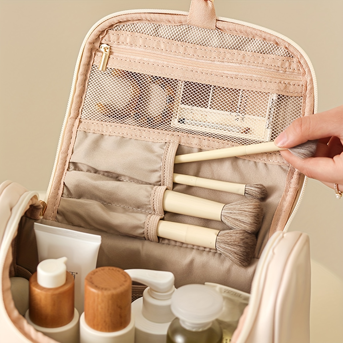 Roll Up Makeup Bag, Cosmetic Organizer Folding Toiletry Bag Hanging Travel Toiletry  Bag For Women With 4 Zippered, Waterproof Durable Removable Mesh  Compartments - Temu