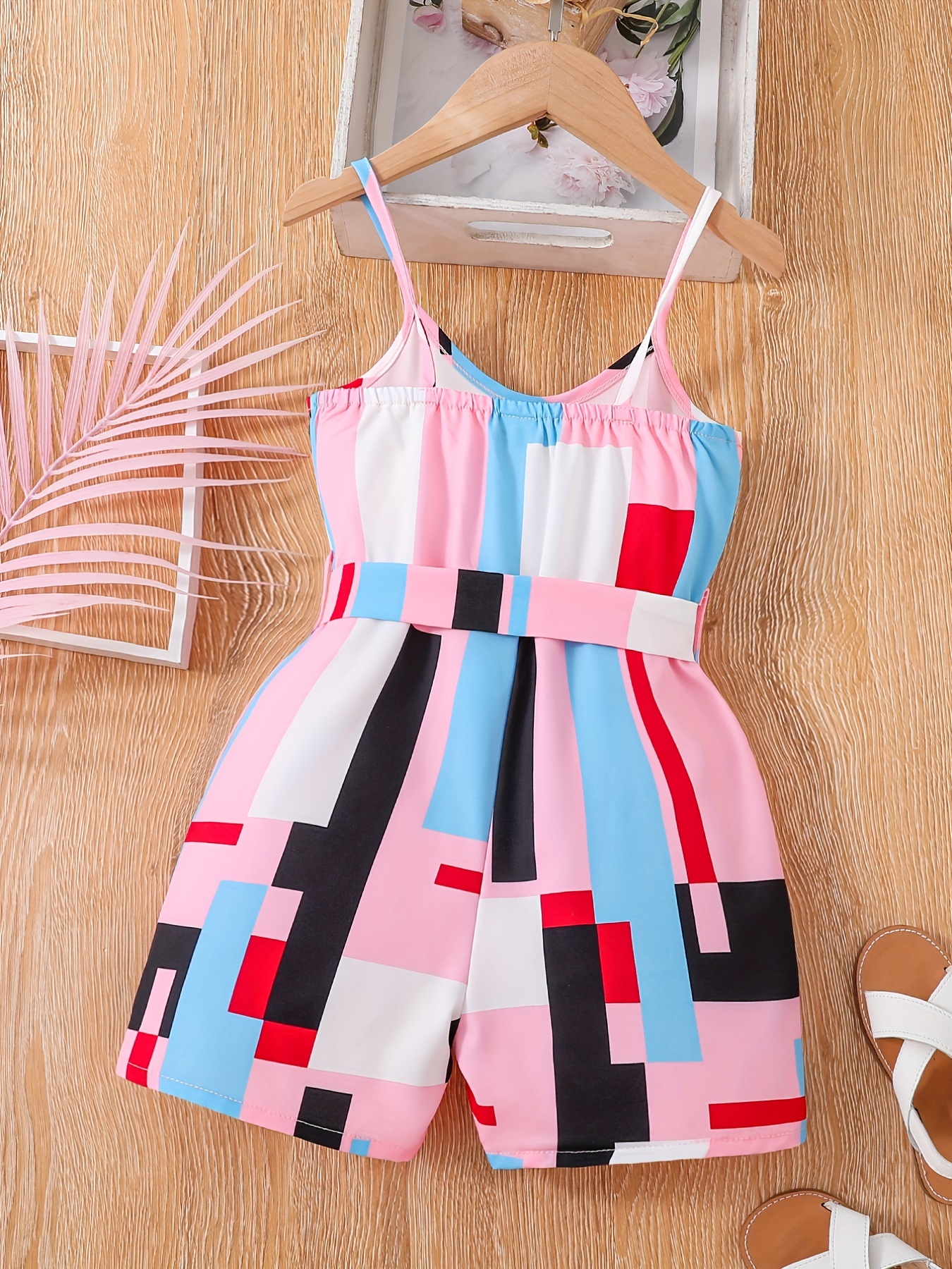 Girls Cami Romper Block Geometry Print Jumpsuit With Belt