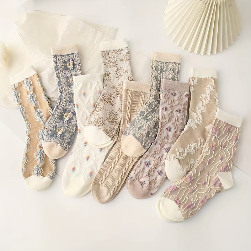 

9 Pairs Floral Print Socks, Retro & Comfy Mid Tube Socks, Women's Stockings & Hosiery