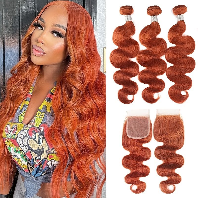 Bundles With Closure4x4 Human Hair Body Wave Ginger Colored Bundles With  Lace Closure Hair Extension For Women New | Don't Miss These Great Deals |  Temu