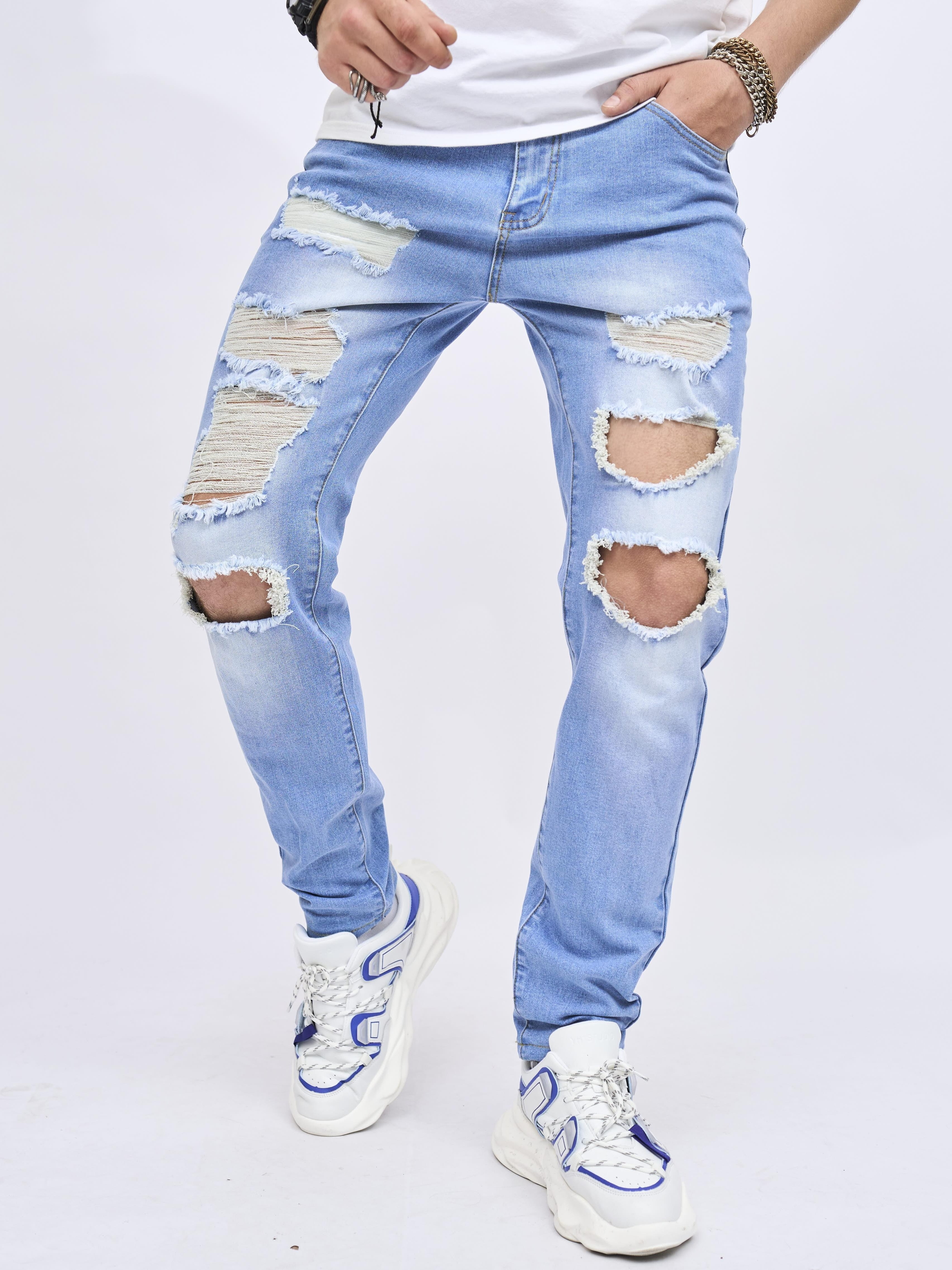 Men's Distressed Stretch Ripped Jeans Vintage Cotton Pants Straight Skinny  Fit Red Jeans - Temu