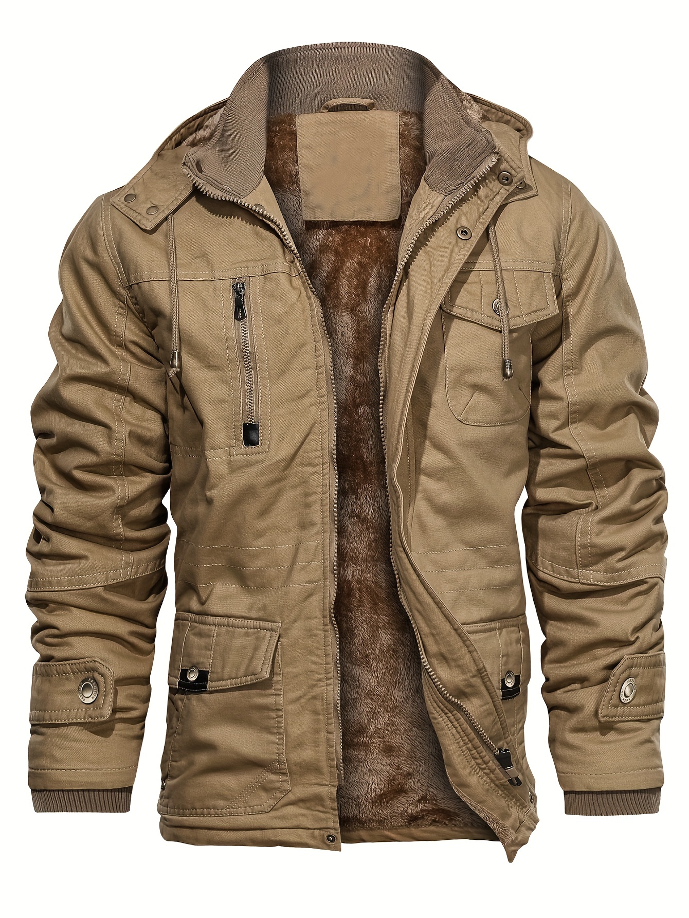 Men's Winter Cotton Jacket Warm Fleece Lined Casual Cargo Work Multi Pocket  Coat