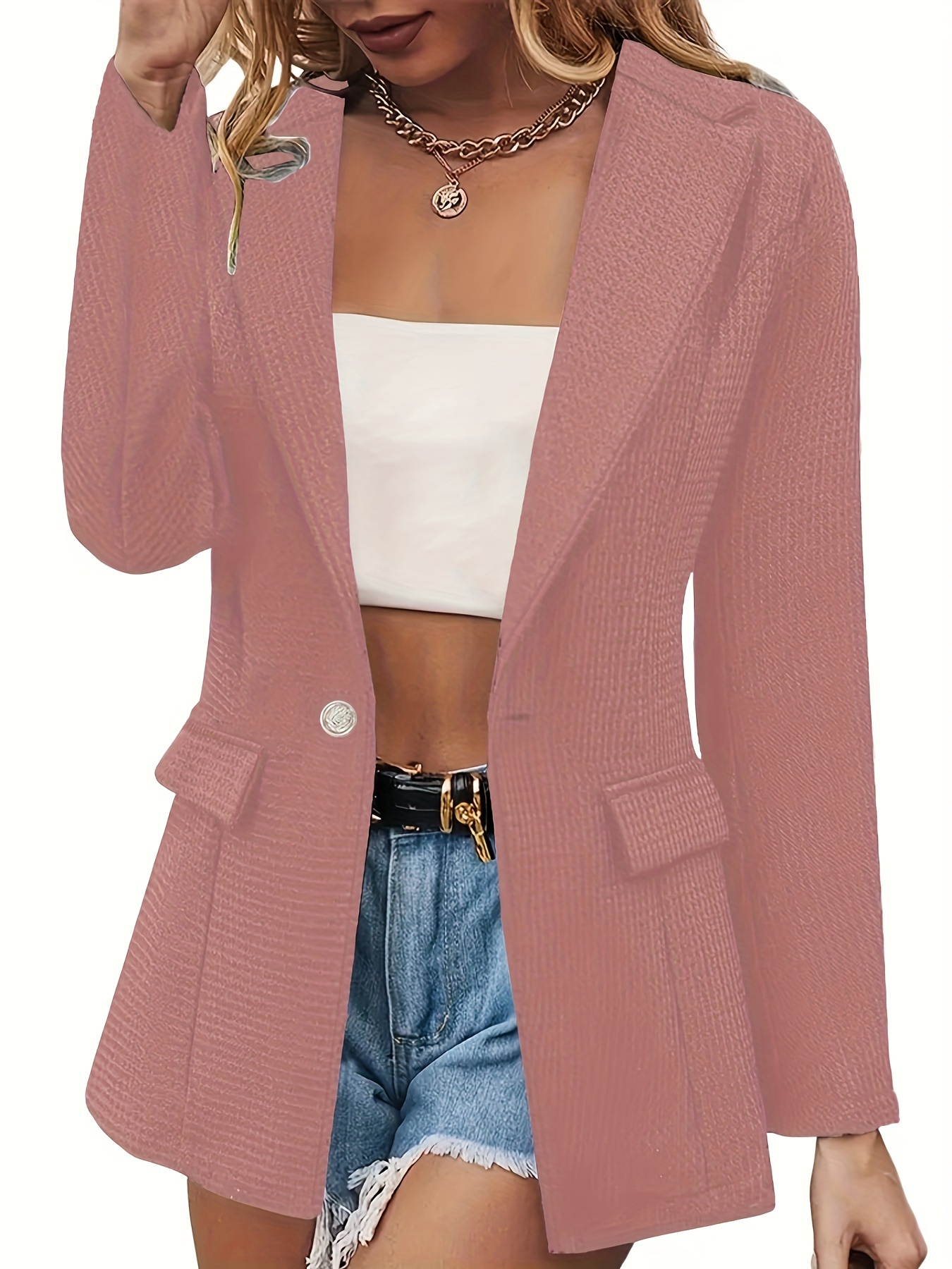 Waffle Grid Button Front Blazer, Elegant Notched Collar Long Sleeve ...