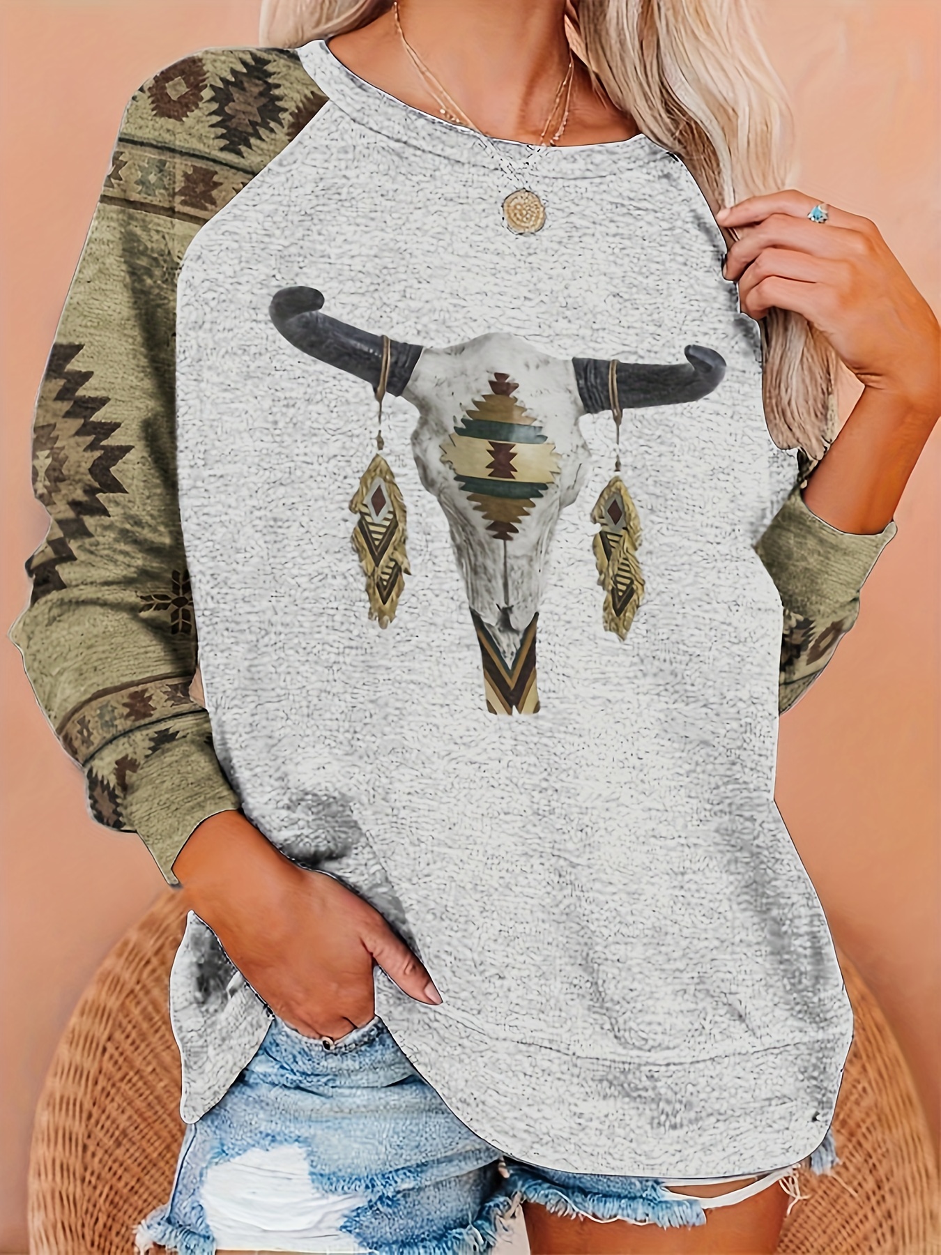 Cow Skull & Cowboy Print Pullover Sweatshirt, Casual Long Sleeve Crew Neck  Sweatshirt, Women's Clothing - Temu