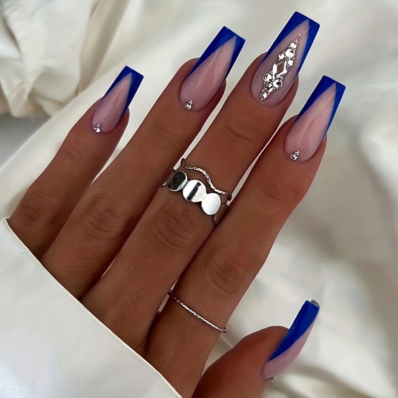 DEEP BLUE Halloween Press on Nails, Blue Nails With Piercing, Long Dark  Stick on Nails, Nail Charms, Solid Colour Press on Nails 