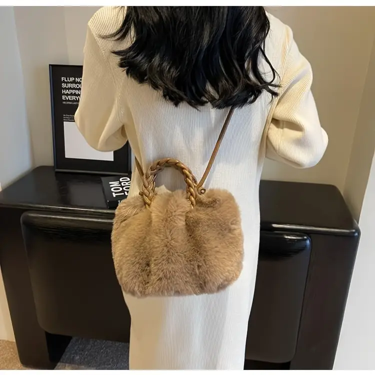 1pc girls fashionable solid color plush crossbody bag handbag versatile princess bag details 3