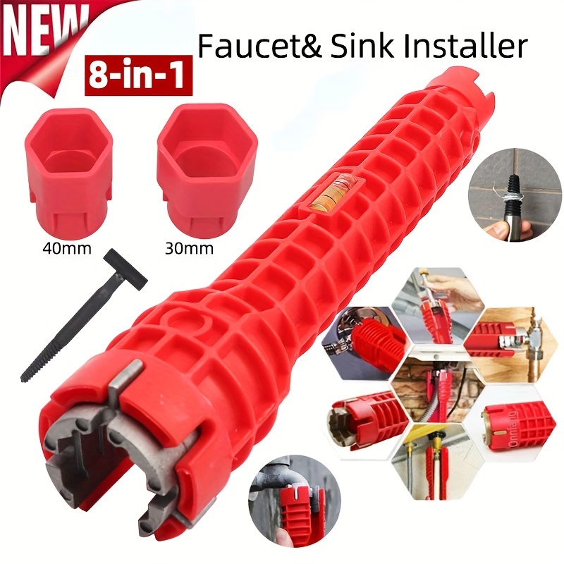 

5/ Compact Red Sink Faucet & Plumbing Wrench Set - Double-headed Ratchet Tool With Multiple Attachments For Easy Bathroom And Kitchen Maintenance