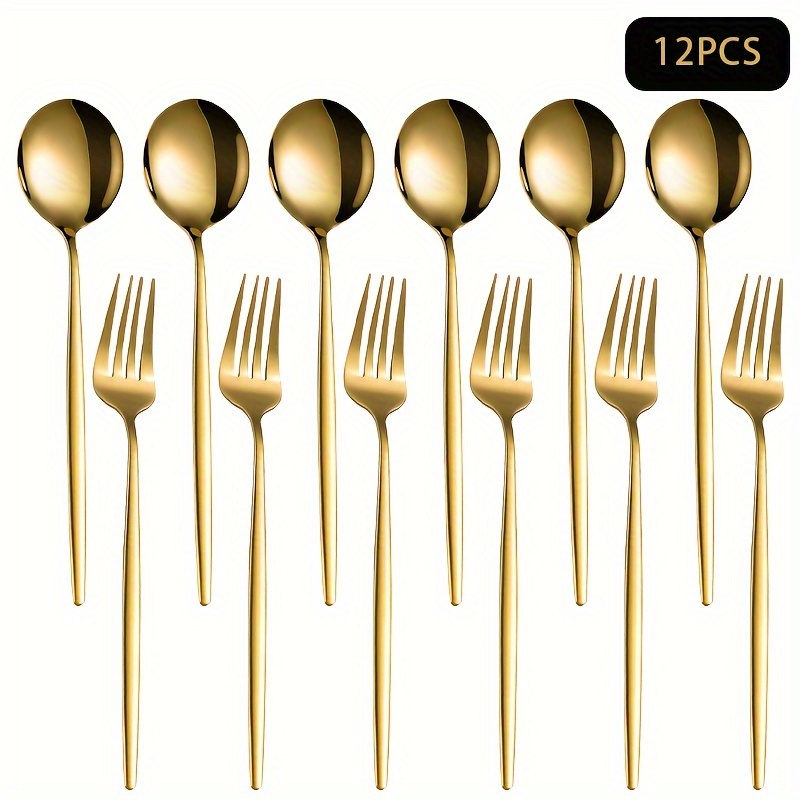 12 tenedores dorados de acero inoxidable, tenedores para cubiertos, juego  de 12 tenedores para cubiertos, aptos para lavavajillas