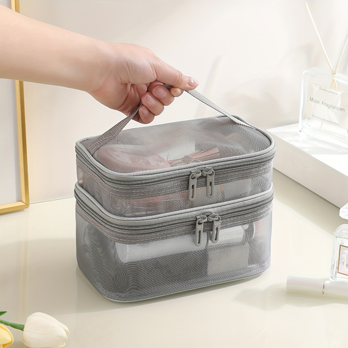 Double Layer Cosmetic Bag, Travel Mesh Cosmetic Storage Bag Large Toiletry  Bag Makeup Organizer - Temu