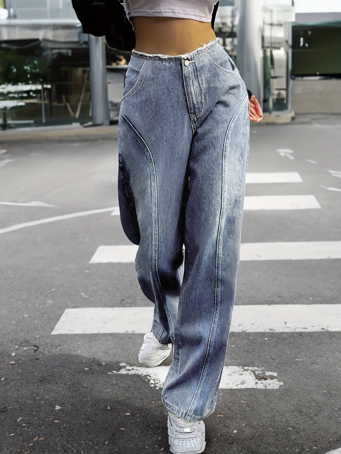 Blue Trim Waist Straight Jeans Loose Fit Slant Pockets - Temu Australia