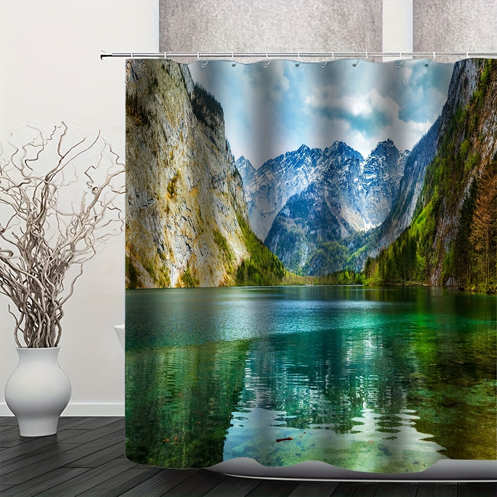 4pcs Landscape Print Shower Curtain Set, Bathroom Rug, U-Shape Mat, Toilet  Lid Pad, Waterproof Curtain Including 12 Hooks, 70.8x70.8/180x180cm, Aesth