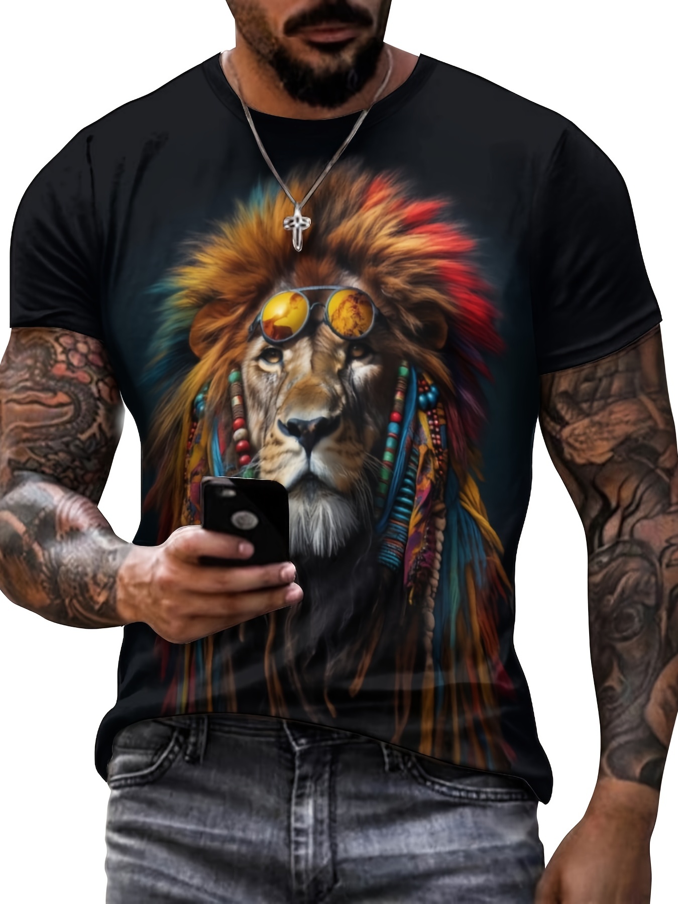 Men's 3D Lion T-shirt Stretchy Breathable Tee