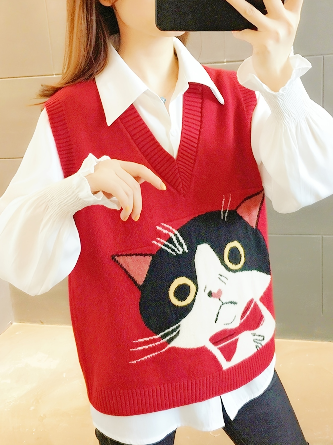 Women Kawaii Yellow Sweater Vest V Neck Cartoon Cat Wool Knitted Cardigan  Cute School Girl Loose Sleeveless Sweater Pink Red