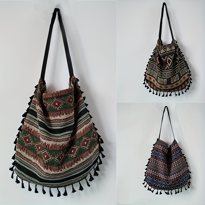 Bohemian Shoulder Bag for Women, Ethnic Style Tassel Hobo Bag, Vintage Stripes Large Capacity Handbag,Tote Bag for Women,Temu
