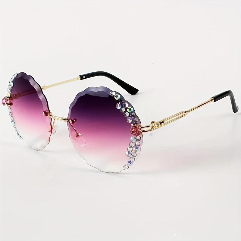 Rhinestone Decor Rimless Sunglasses Gradient Lens Flower Shaped Round Glasses