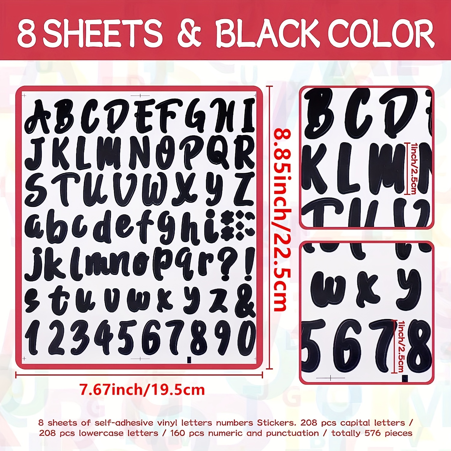 Letters Stickers Black Alphabet Sticky Letter Label PVC Vinyl, Pack of 10