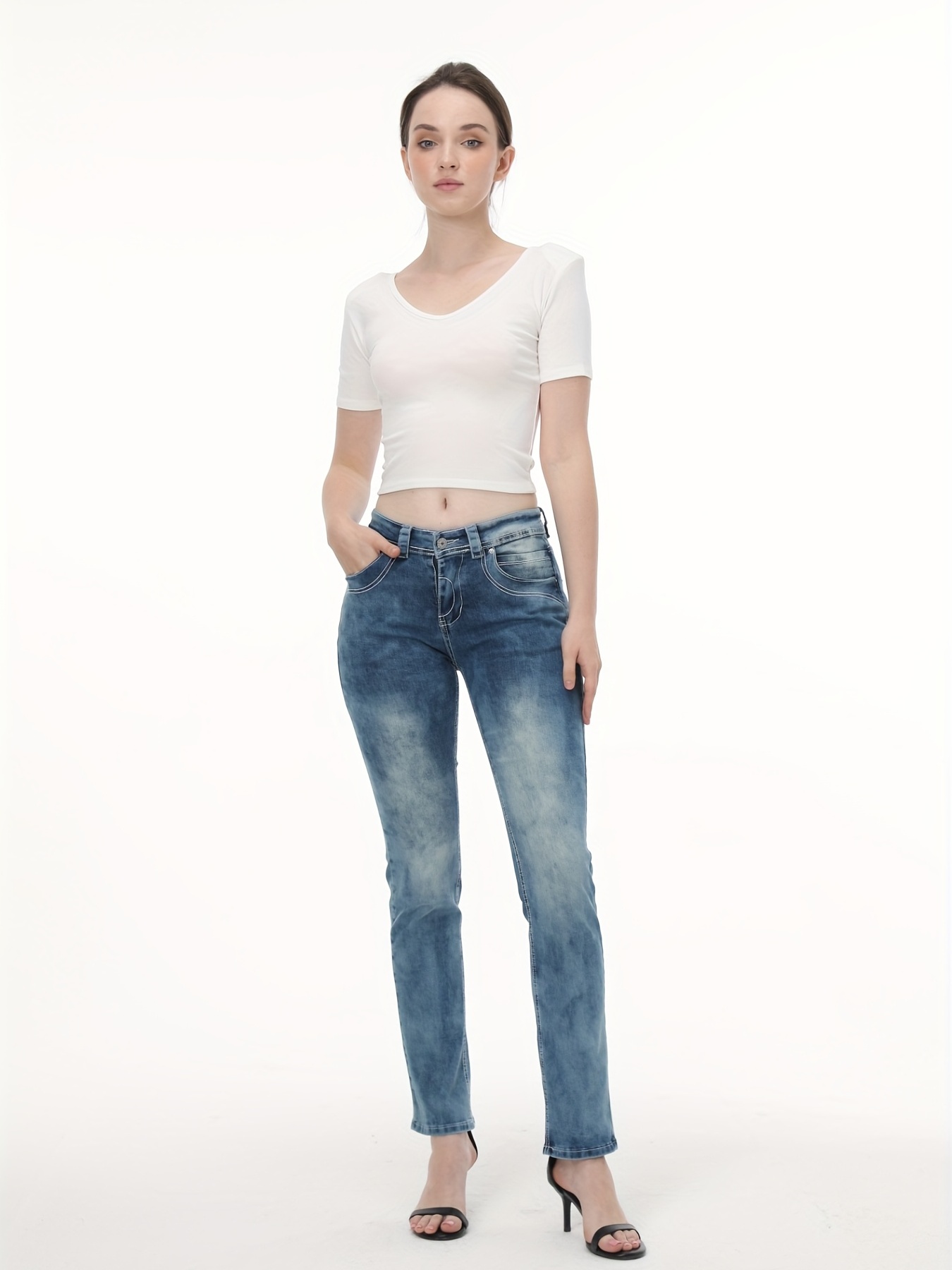 Mid Rise Exposed White Seam Straight Jeans, Slim Fit Straight Legs