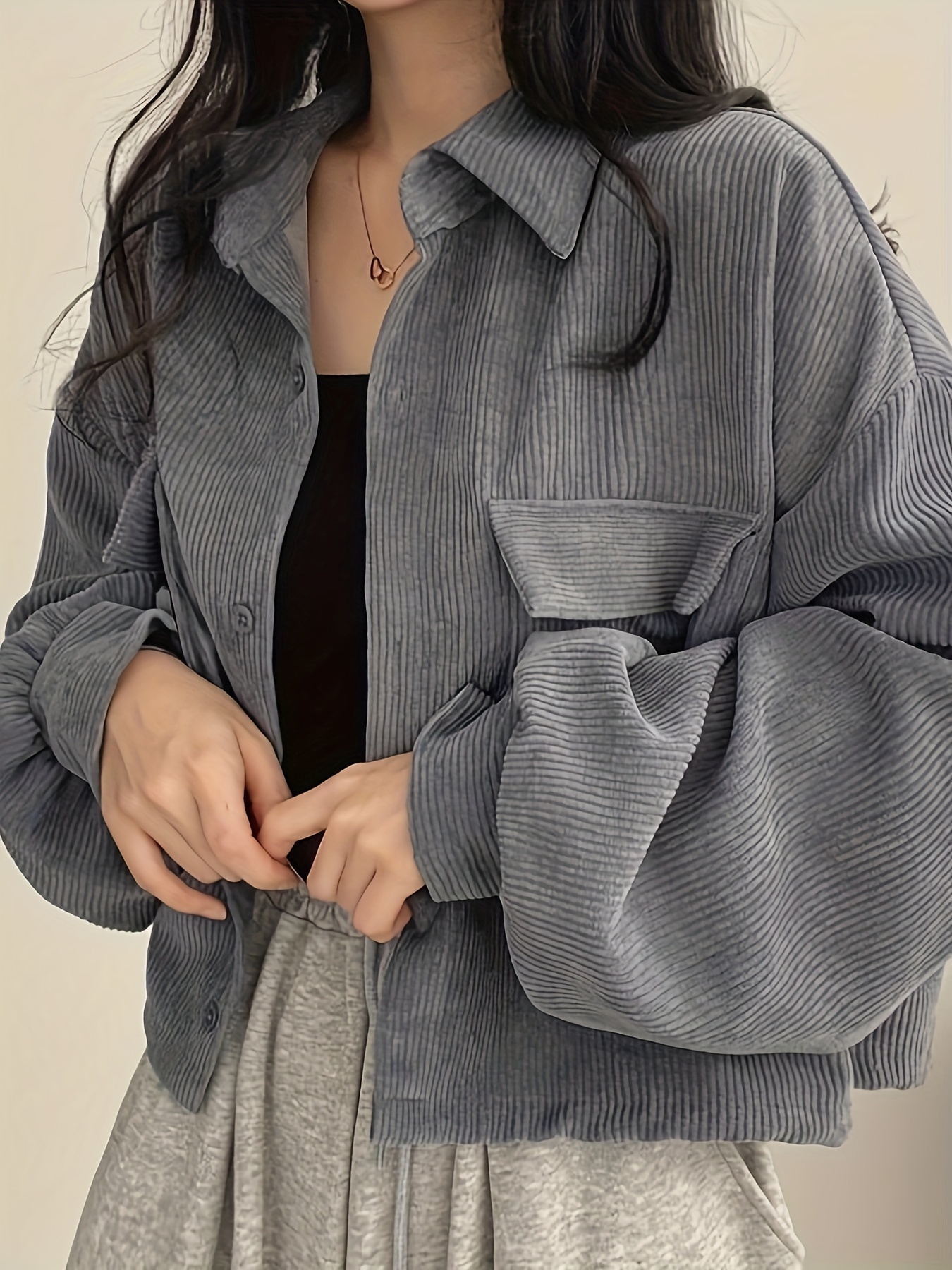 button front flap pockets jacket casual long sleeve jacket for fall winter womens clothing details 1