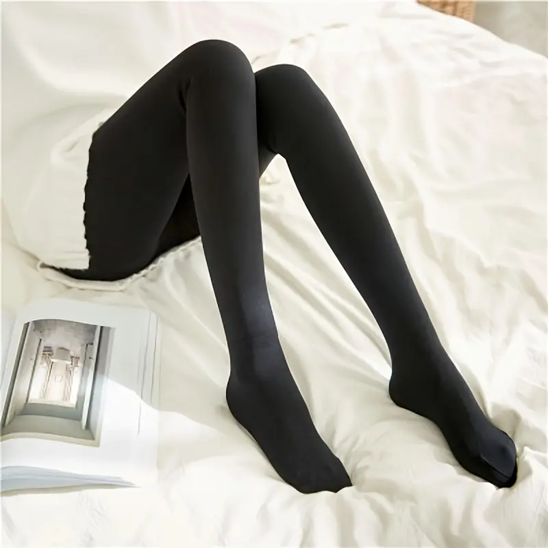 Thick Fuzzy Plush Lined Tights Opaque Solid Color Warm - Temu