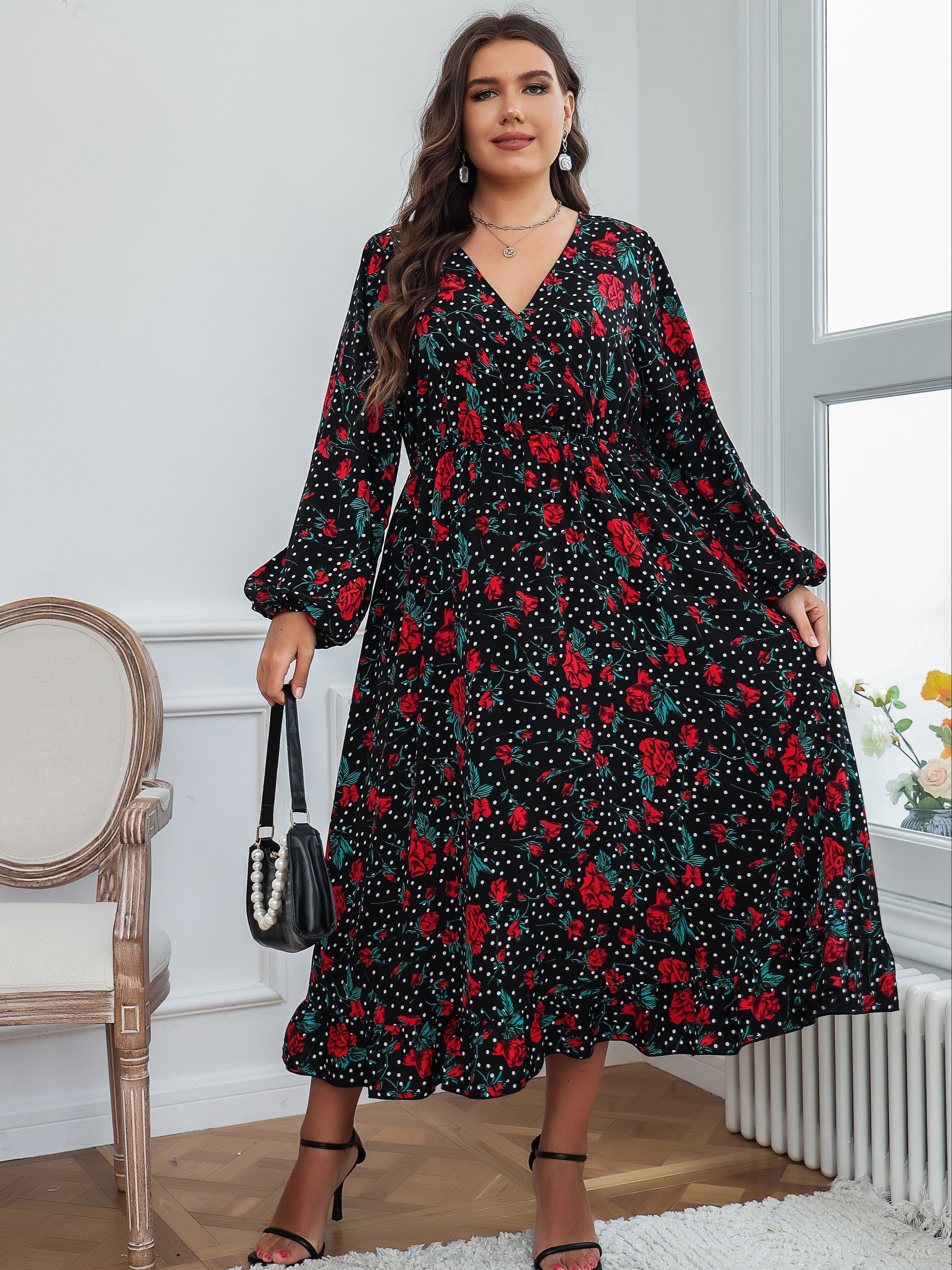 Plus Size Elegant Dress Women's Plus Floral Dot Print - Temu Canada