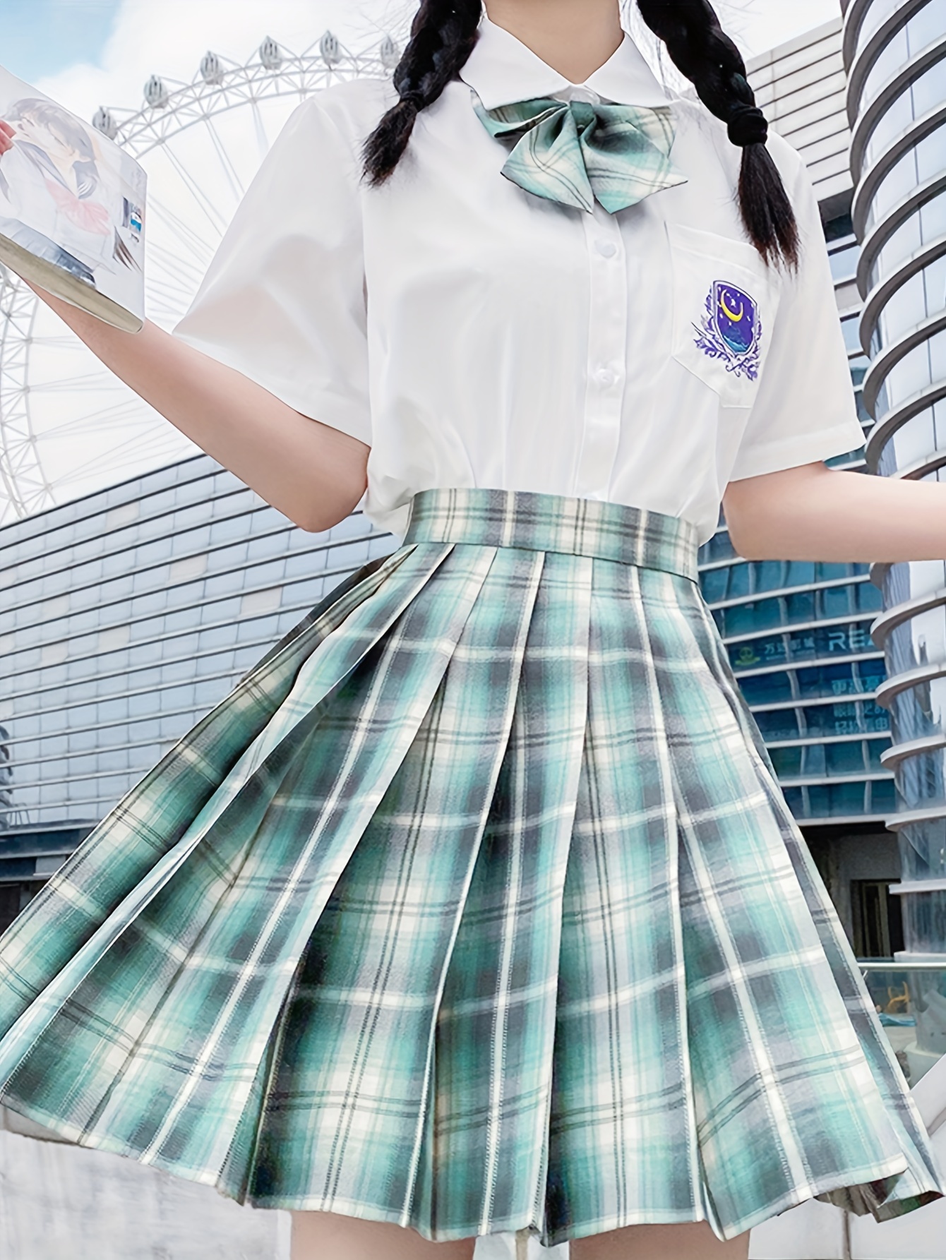 Blue and green plaid pleated cheap skirt