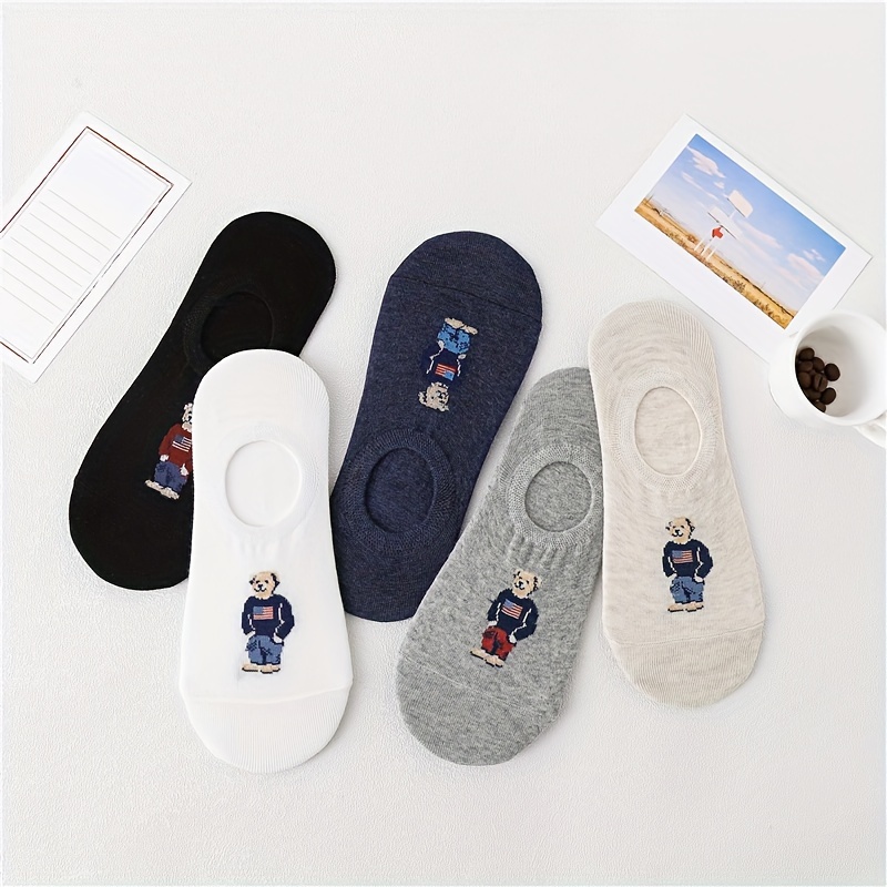 

5 Pairs Of Men's Cartoon Bear No Show Socks, Comfy Breathable Sweat Resistant Anti-odor Invisible Socks For Men's Wearing