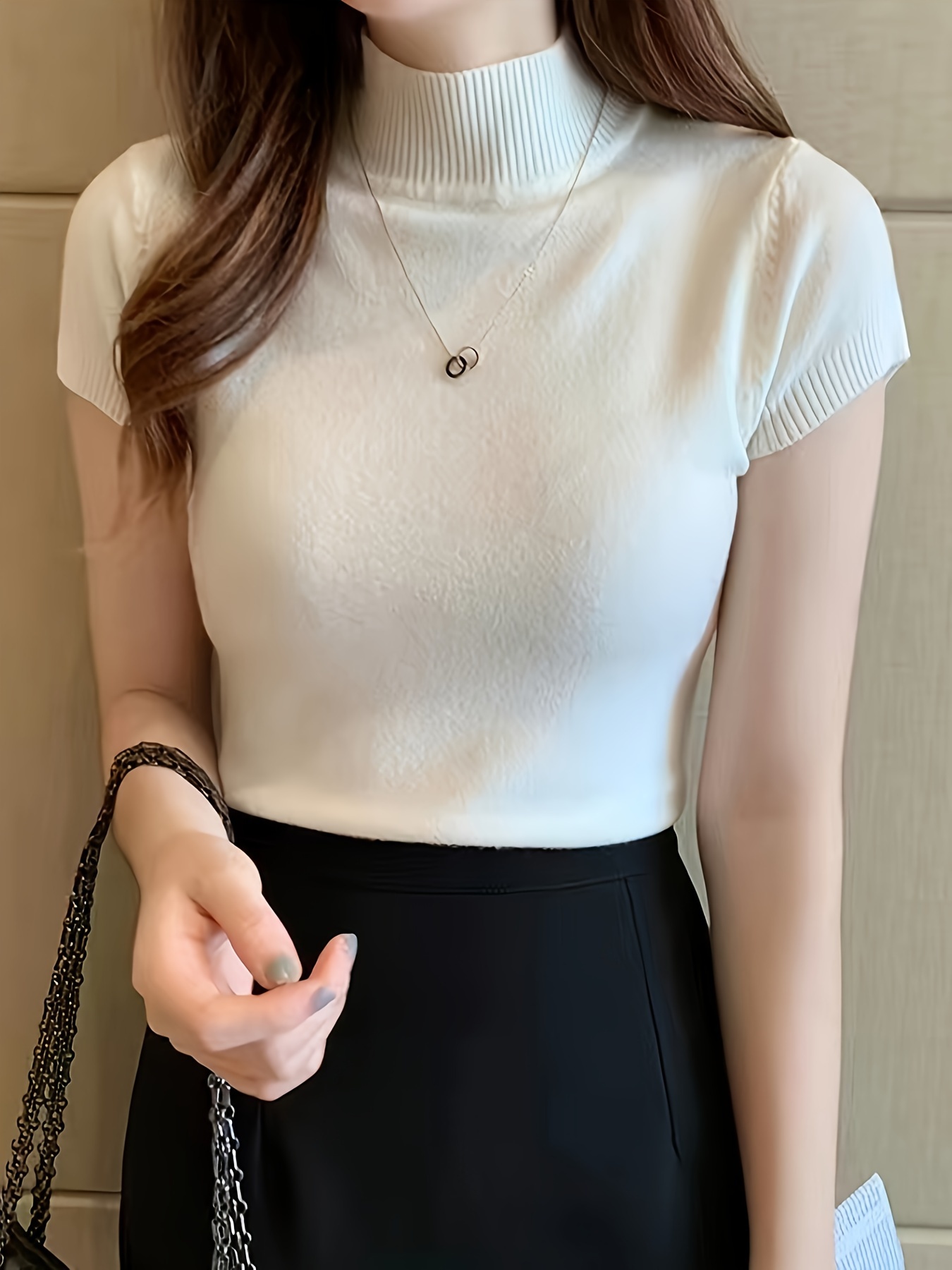 New Style Knitted Versatile Design Half-High Collar Short Sleeve Thin Pullover