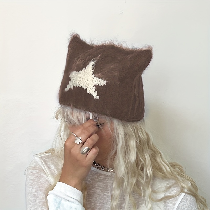 Vintage Star Graphic Beanie With Ears Classic Brown Y2k Cat - Temu