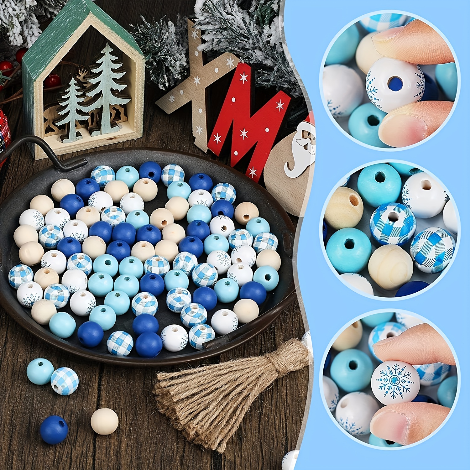 Whaline 212Pcs Winter Wood Beads Christmas Snowflake Craft Beads Silver  Blue White Round Spacer Beads with Hemp Rope and Tassel for DIY Craft Bead
