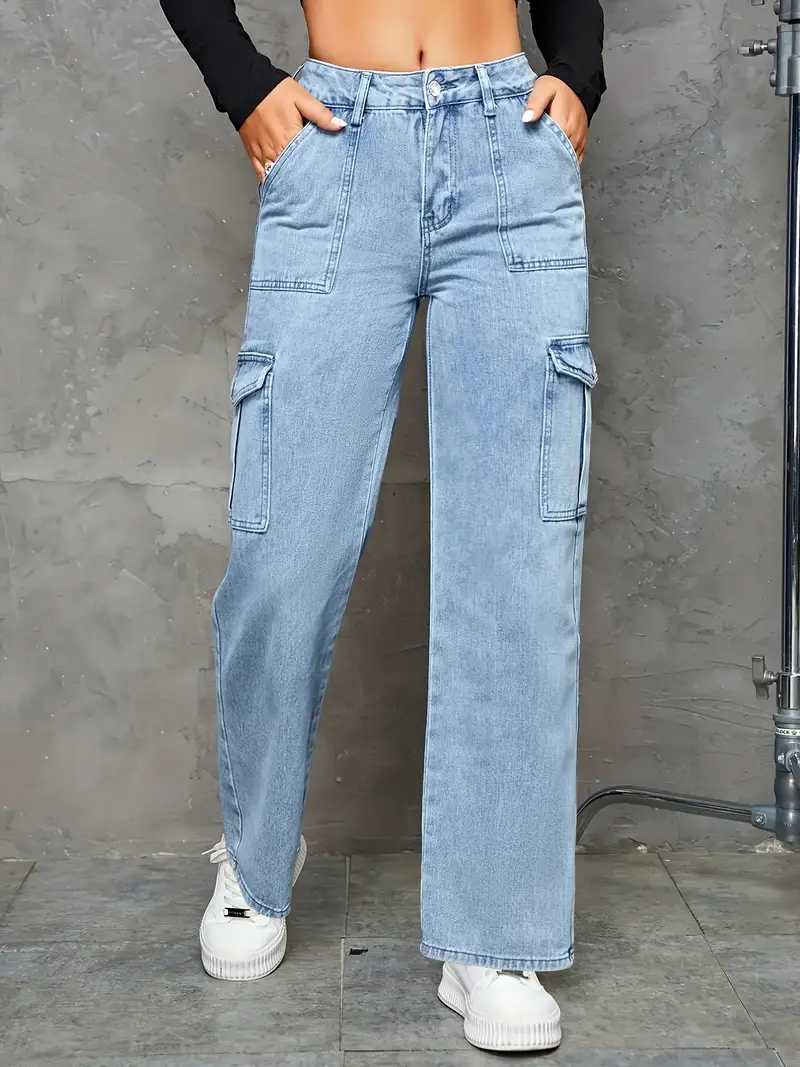 High * Light Wash Cargo Denim Pants, Loose Multi-pocket Street Style Cargo  Jeans, Women's Denim Jeans & Clothing