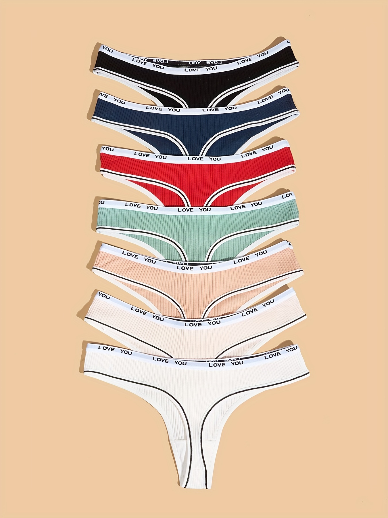 7pcs Letter Tape Ribbed Thongs, Soft & Comfy Low Waist Panties, Women's  Lingerie & Underwear