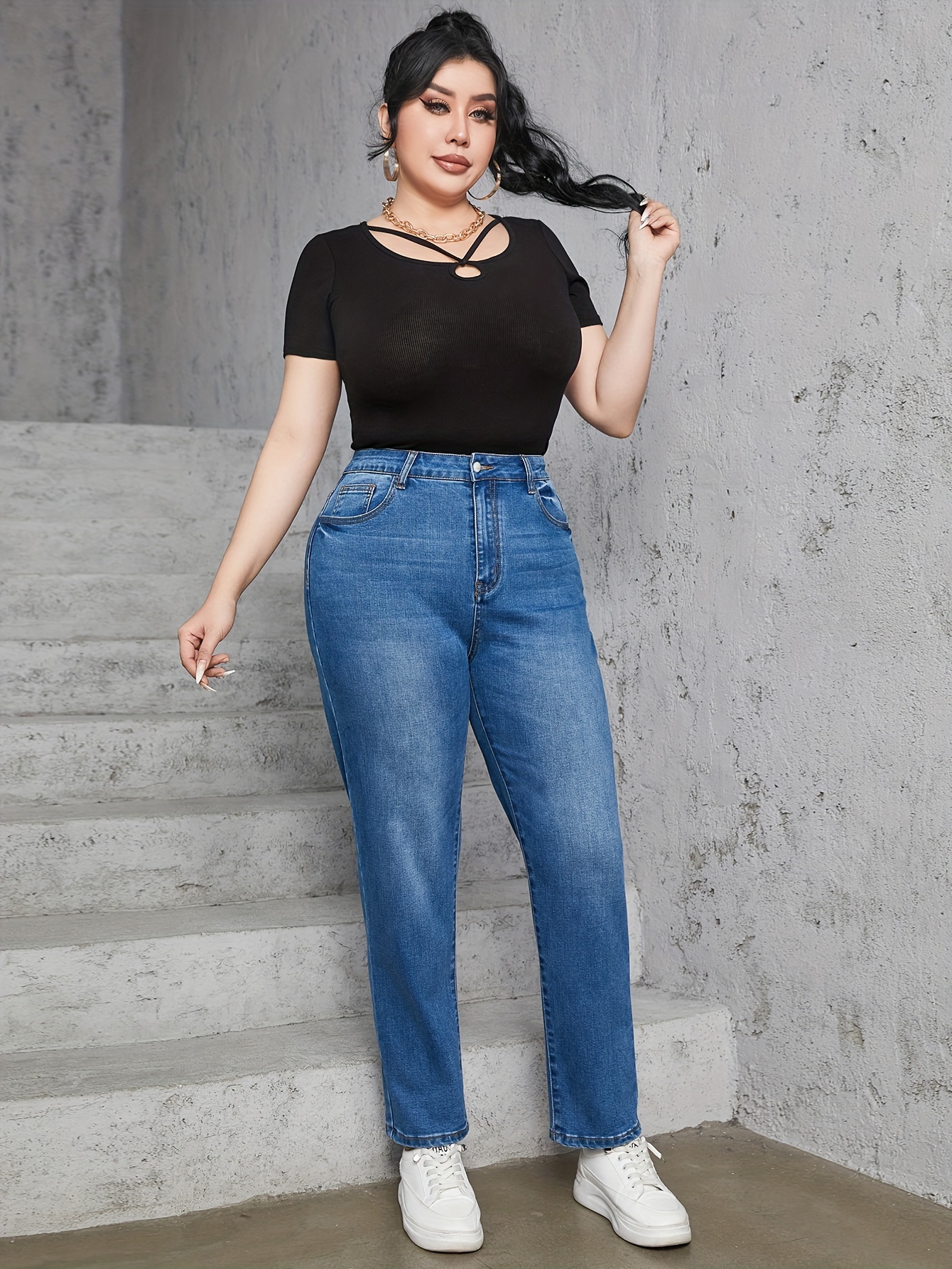 Plus Size Casual Jeans Women's Plus Washed Button Fly High - Temu New  Zealand