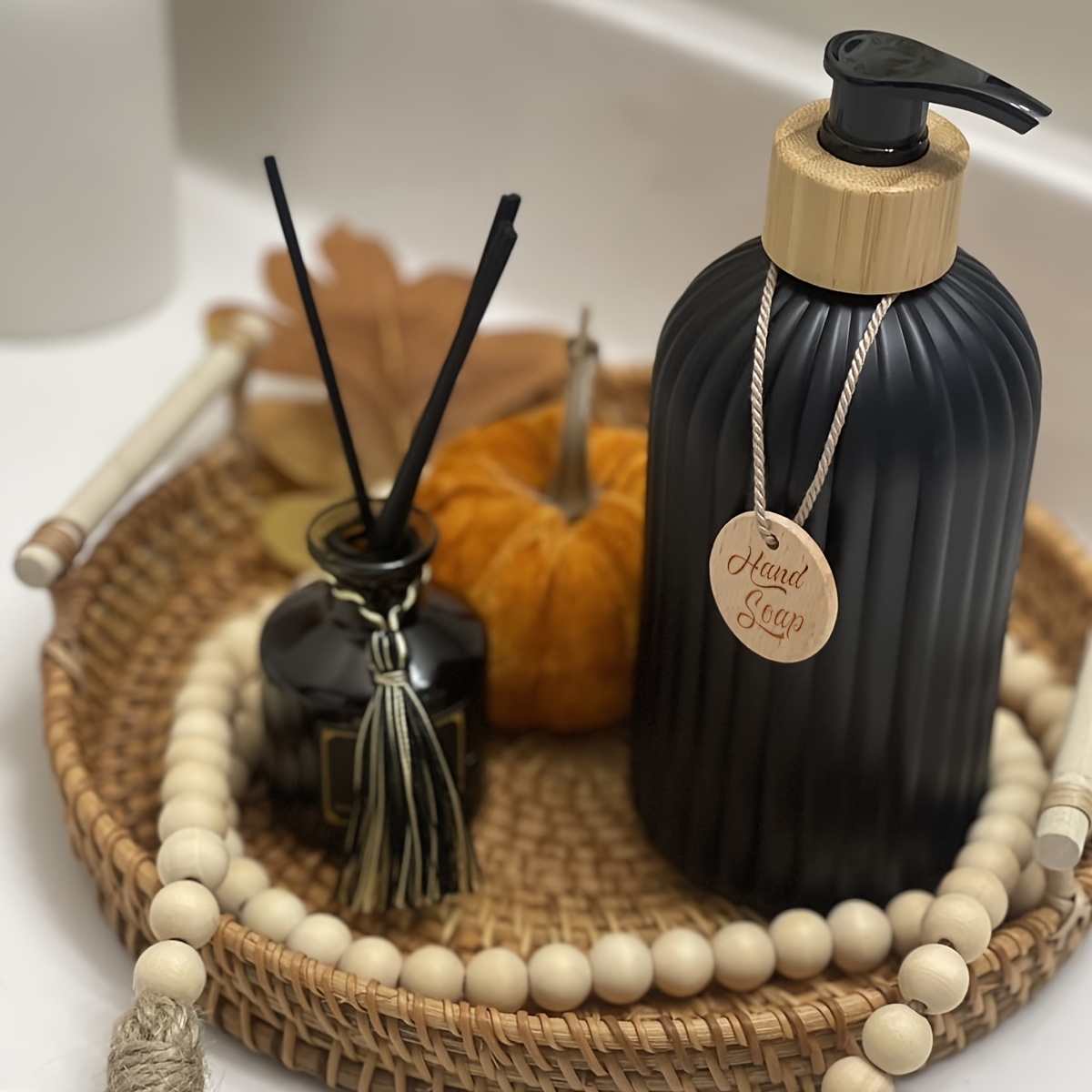 Matte Black Liquid Soap Storage Bottle With Wooden Tray - Temu