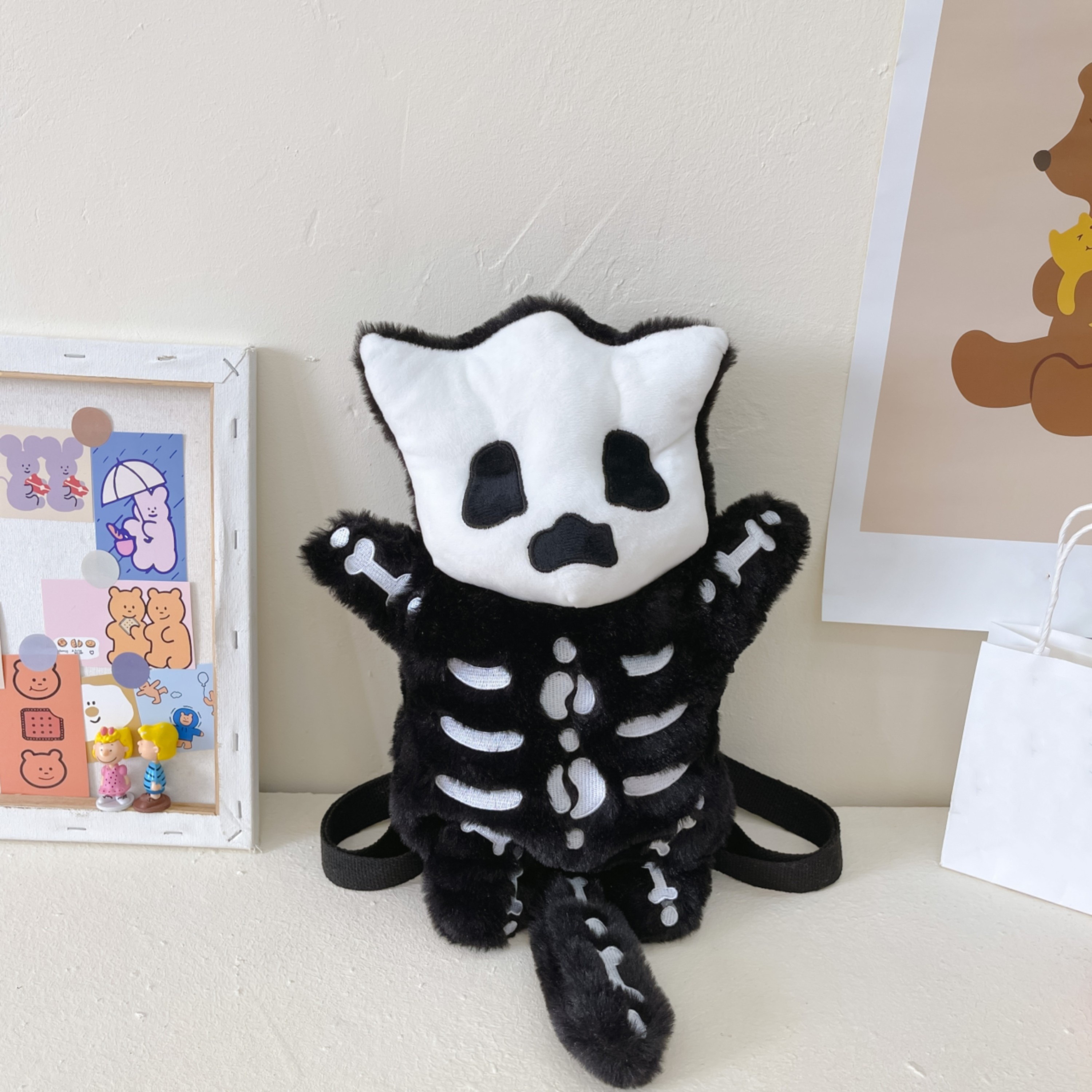 Funny Plush Black Skull Backpack, Mini Cartoon Design Fuzzy Novelty Backpack  - Temu