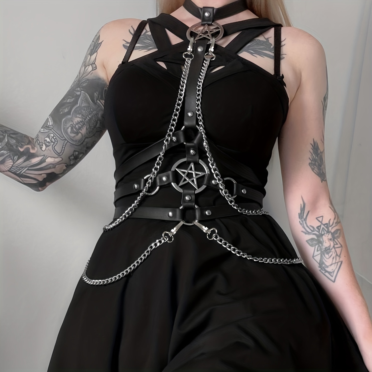 Leather Pentagram Harness Belt Body Chest Bra Waist Suspender Cage