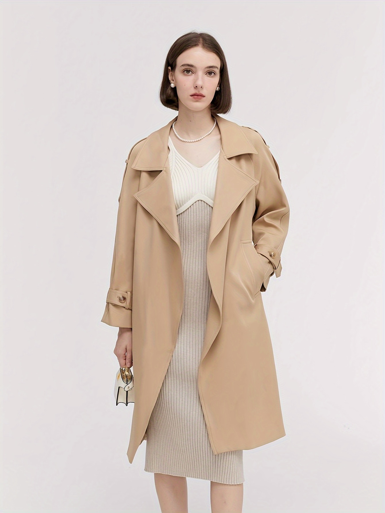 schicker khaki trenchcoat damen einfarbig langarm offene Temu