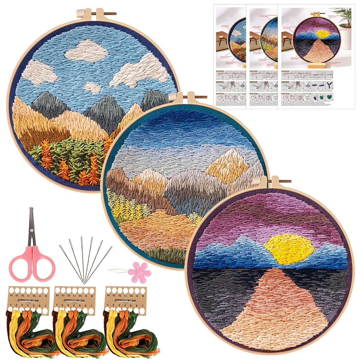Embroidery Kit Scenery Mountains Rivers Trees Pattern - Temu