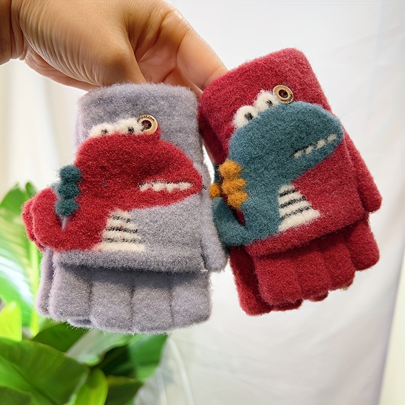 Boys' Winter Gloves with Cartoon Dinosaur Design - 100% Nylon, Snug Fit Button Closure, Lightweight Warmth for Daily Play & New Year Celebrations (Mixed Colors)