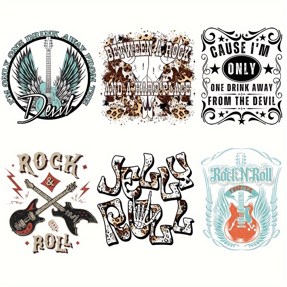 6pcs/set New Fashion Guitar Iron-On Transfer For Clothing DIY A-Level  Washable T-Shirts Thermal Stickers Punk Style Patches Applique