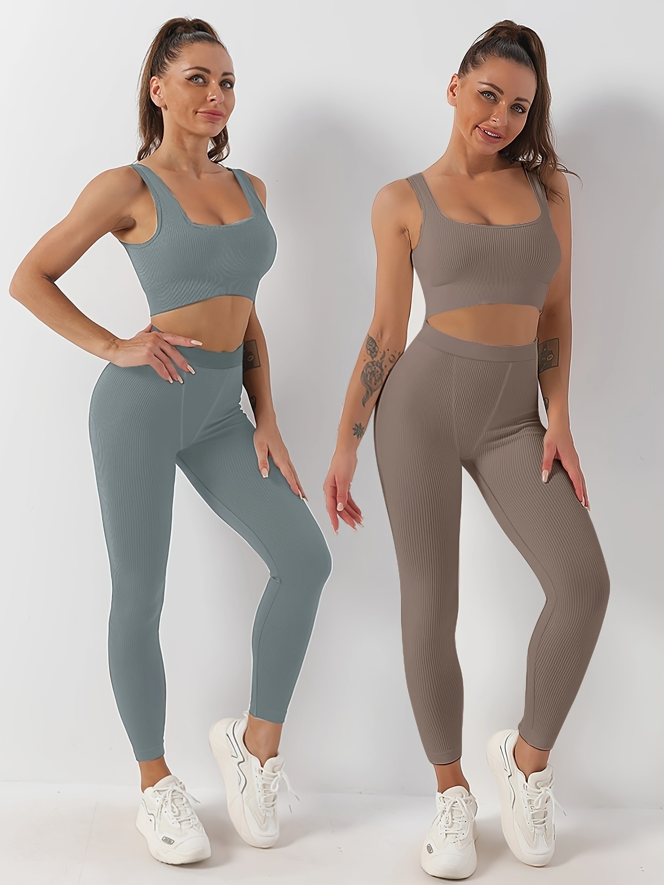 Yoga Basic 2pcs High Stretch Striped Fitness Yoga Suit Gym Outfits Set  Racer Back Top Wideband Waist Leggings