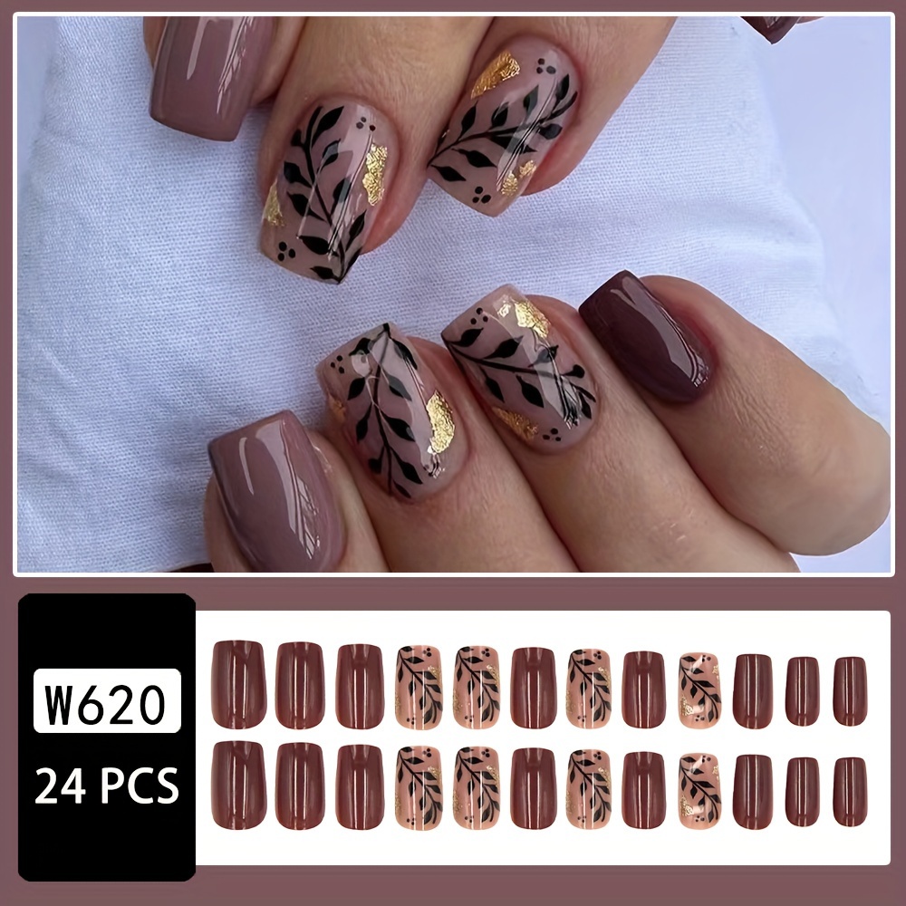 TEMU 24pcs Chinese Autumn And Winter Dark Red Shimmering Leaf Fake Nails Set With Brown Press-on Waterproof Detachable Nail Stickers, Includes Jelly