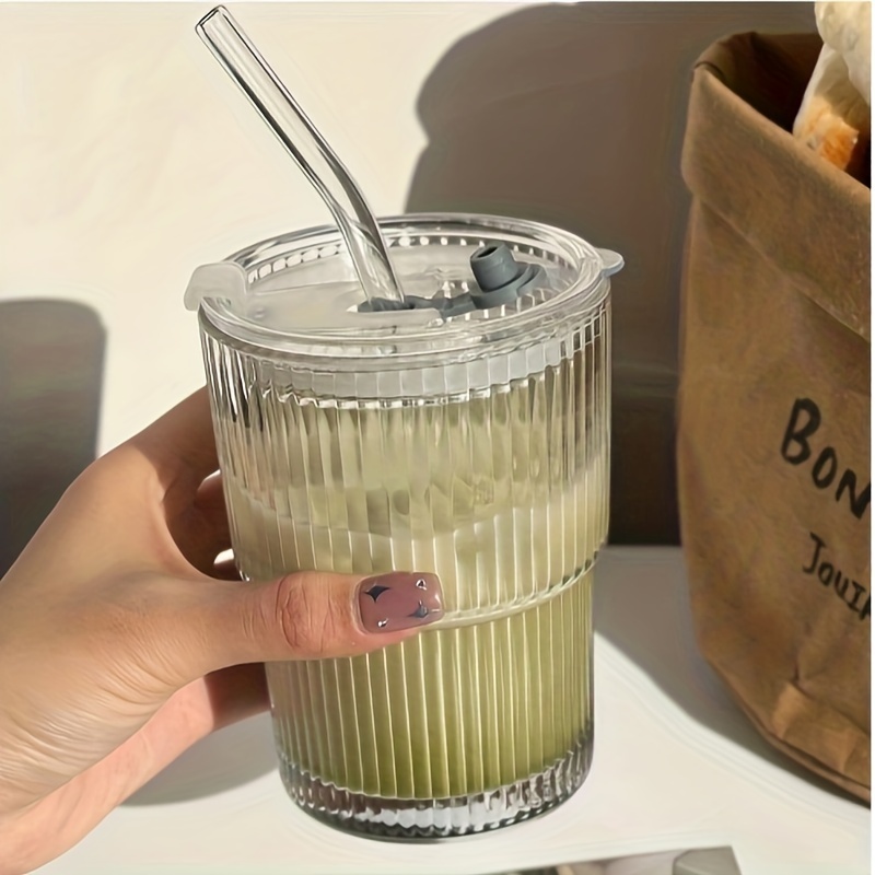 Ins Vertical Stripes Glass Cups with Lids and Straws Clear Glass Water  Bottle Straw Cup Drinking Glasses Tumbler Travel Bottle