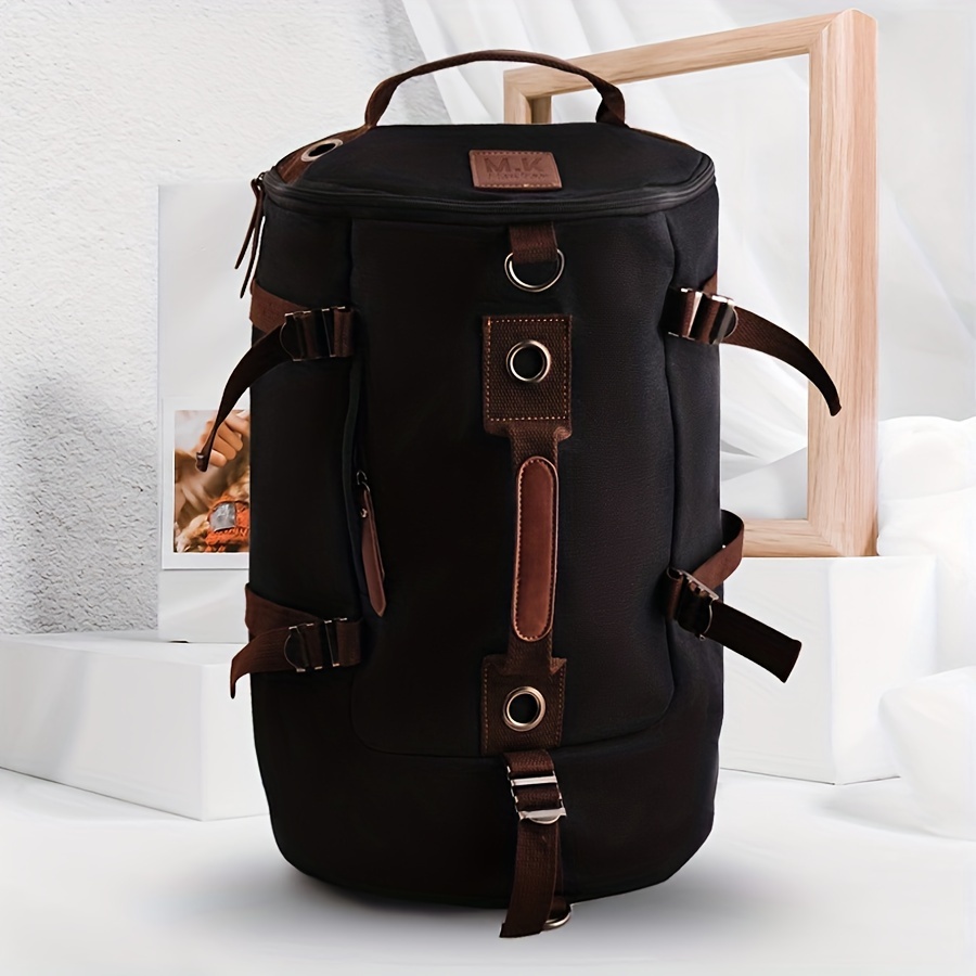 1pc Men\'s Fashion Canvas Backpack, Travel Large Capacity Outdoor Casual Cylinder Bag