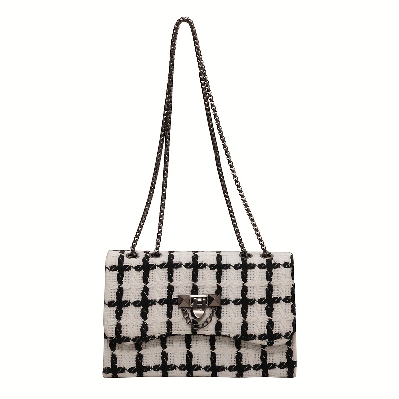1 pc fashion tweed plaid square bag magnetic buckle flap metal chain  shoulder bag suitable for ladies daily casual commuting use