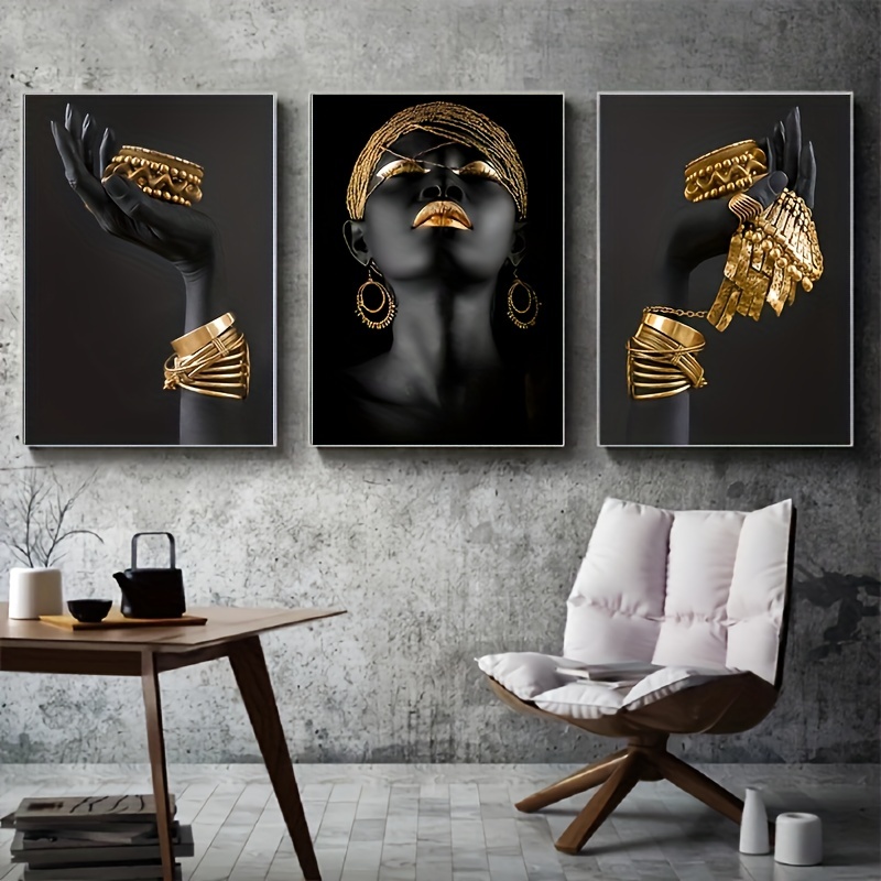 Juego de 3 piezas de arte de pared decoración de pared mujeres negras  doradas pintura decorativa modelo fotografía pintura al óleo pintura de  tela sin
