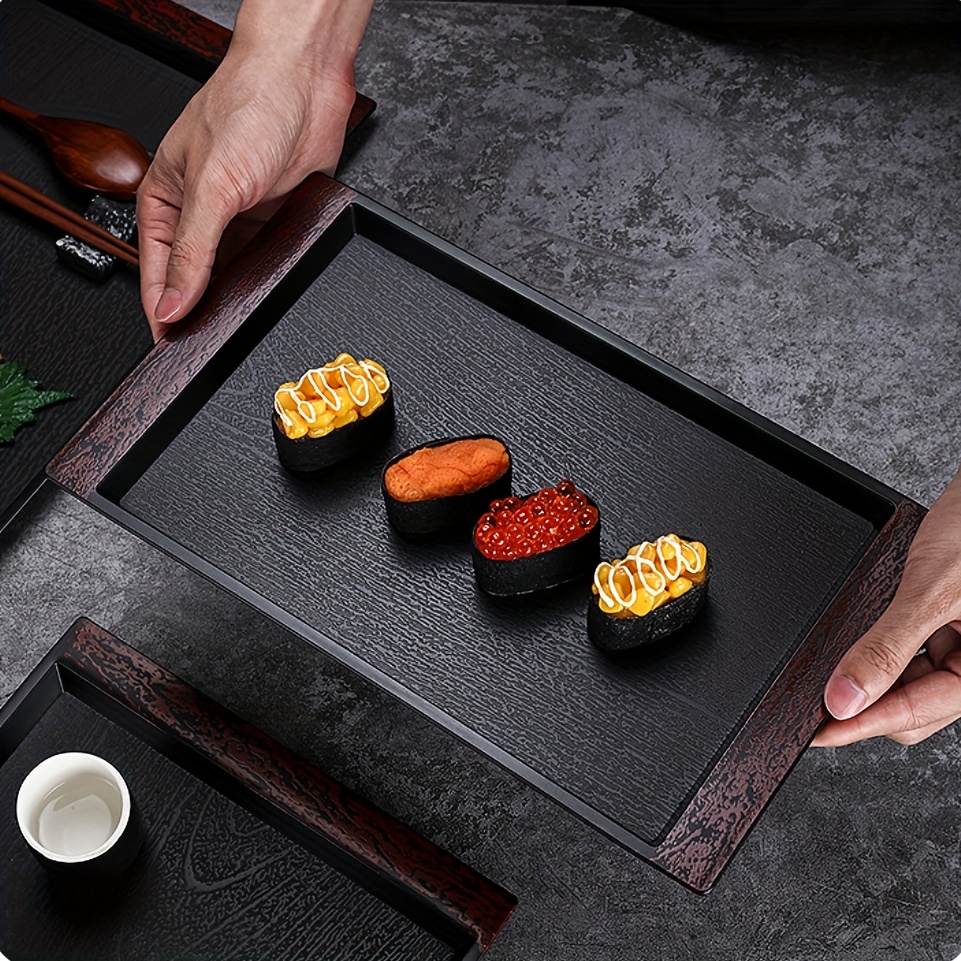 

1pc, Japanese Style Plastic Serving Trays With Wood Grain Pattern - Rectangular Coffee Shop And Restaurant Tea Tray - Durable, Lightweight Platter