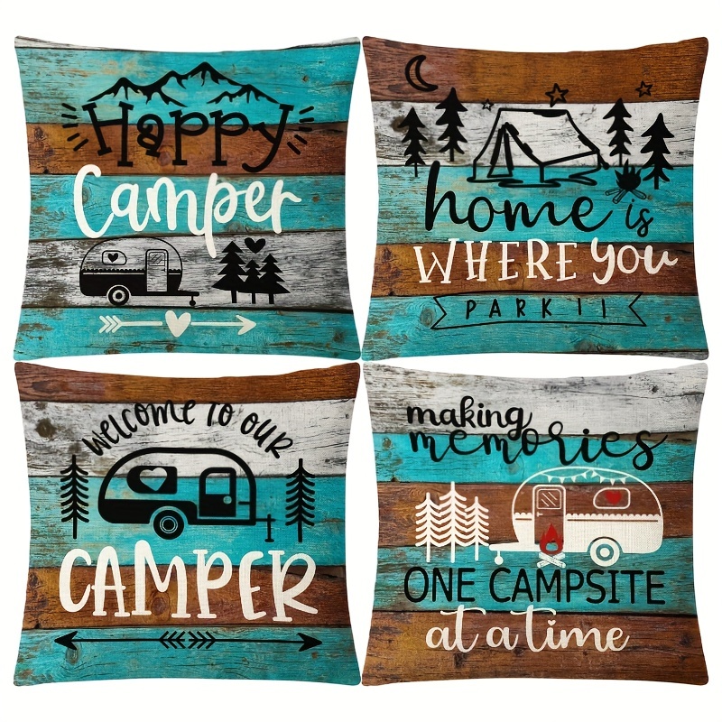 

4pcs Happy Camping Lakes Landscape Print Throw Pillow Case, Cushion Cover For Sofa, 100% Polyester, 17.7x17.7inch (without Pillow Core), Home Decor